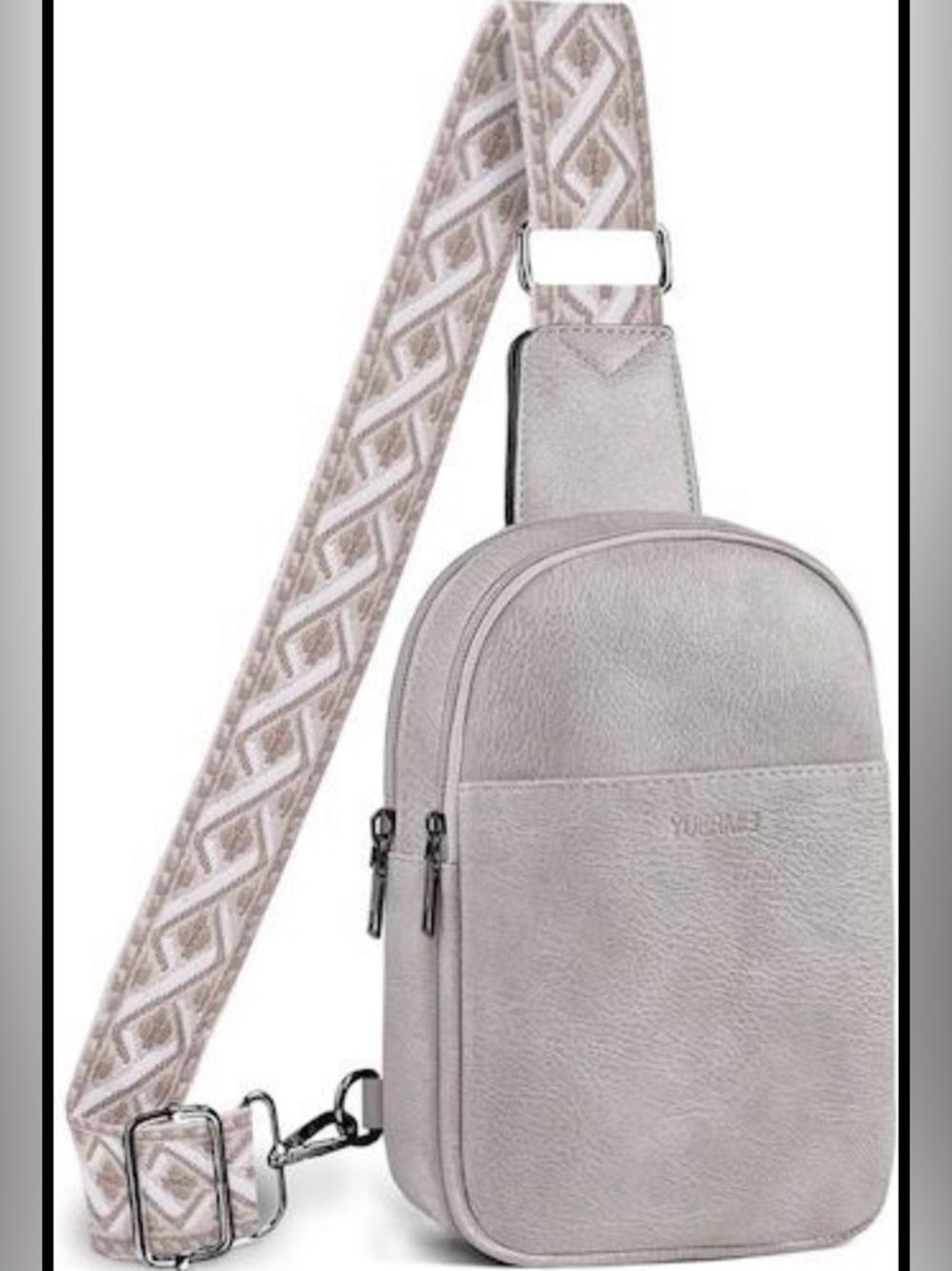 NEW! Textured Small Faux Leather Travel Sling Bag Patterned Strap Light Grey